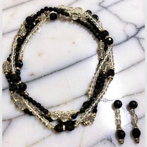 Vintage Black Clear Rhinestones Necklaces & Matching Dangling Earrings